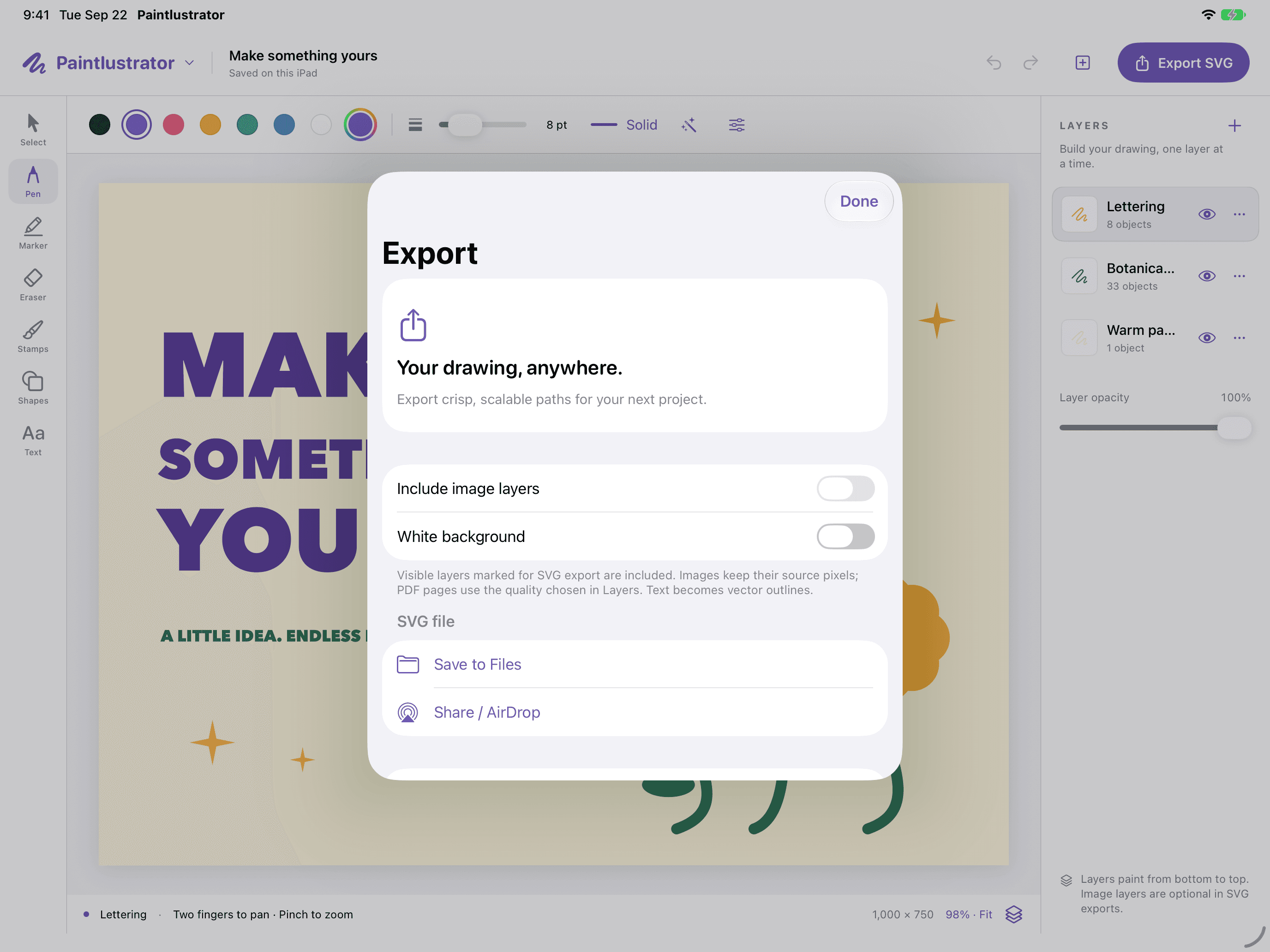 SVG export options in Paintlustrator, including Save to Files and sharing