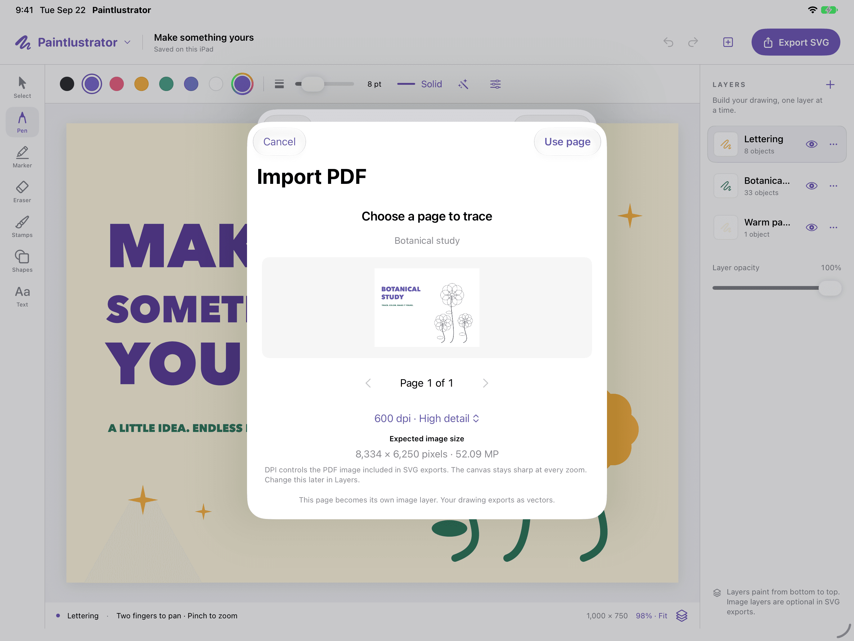 PDF import dialog with page selection and resolution controls